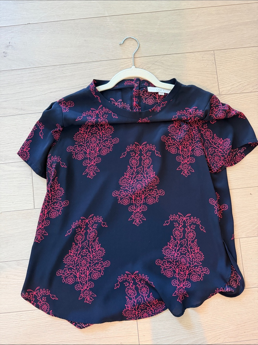 LOFT Navy Blue Short Sleeve Top with Pink Floral Motif
